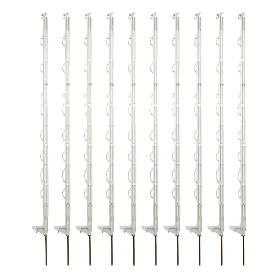 Ten white plastic hotline h section electric fencing posts with curved design and pointed metal tips for section multiwire tape