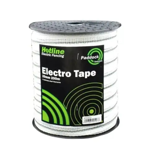 White hotline 20mm paddock electro tape with green trace lines and steel conductors on a black plastic spool