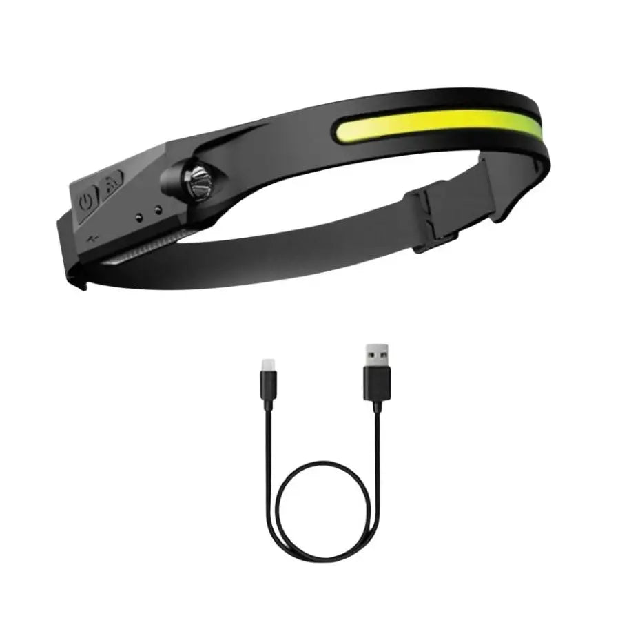 Black Hotline Explorer head torch with bright yellow cob led band, touch free sensor, adjustable strap, and usb cable