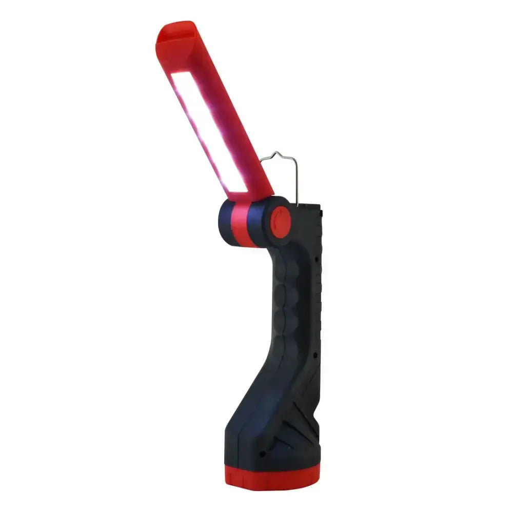 Red and black foldable led work light with textured grip handle from hotline explorer rechargeable lithium torch with 3000mah battery