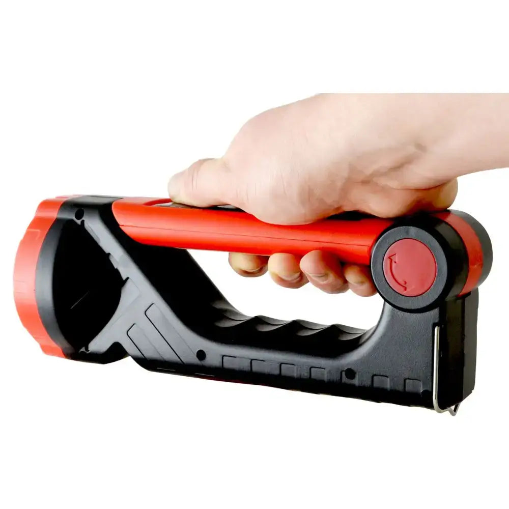 Red and black hotline explorer rechargeable lithium torch with textured grip and circular power button for outdoor use