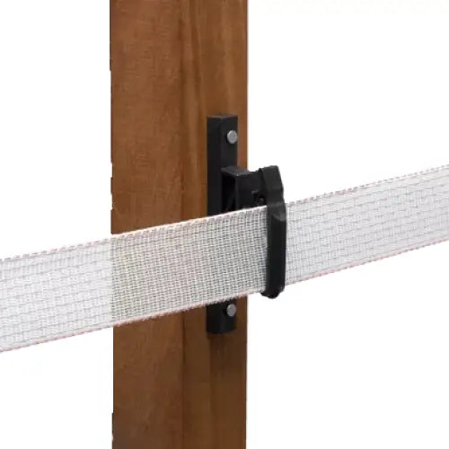 White mesh strap secured by black plastic clamp on wooden post for hotline nail-on tape insulators and 7mm rope insulators
