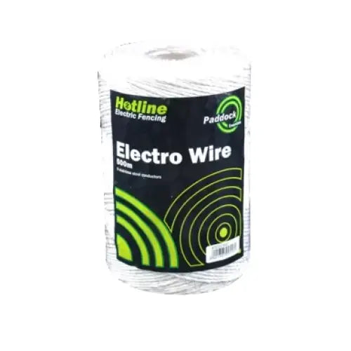 A spool of white hotline paddock essentials electro 6-strand electric fencing wire with steel conductors labeled 500m