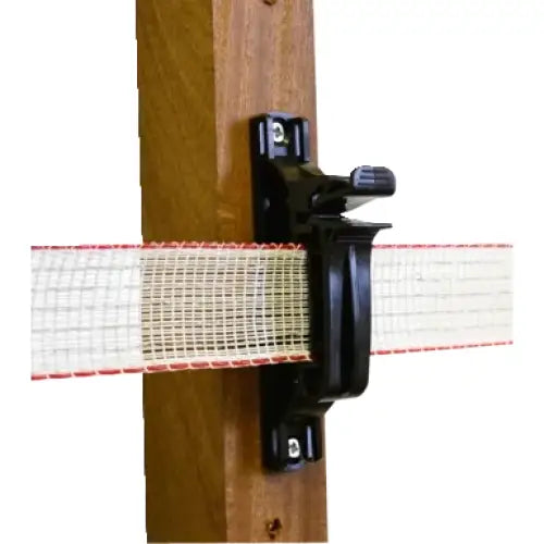 Black metal hotline paddock essentials tape nail-on insulator securing white mesh strap with red trim on wooden post