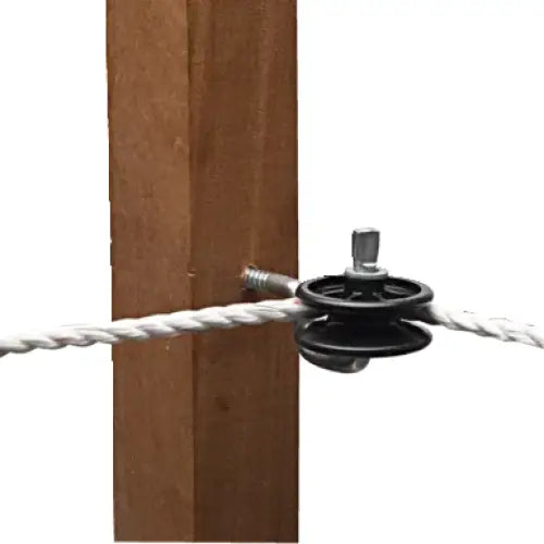 Black plastic hotline pulley electric fencing insulator with metallic screw for wooden post corners and end terminations