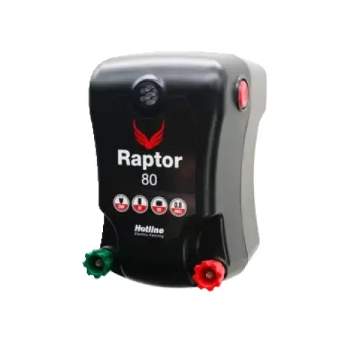 Black and gray hotline raptor 0.80j electric fence energizer with red green terminals 12v external battery input and three-colour rotating led