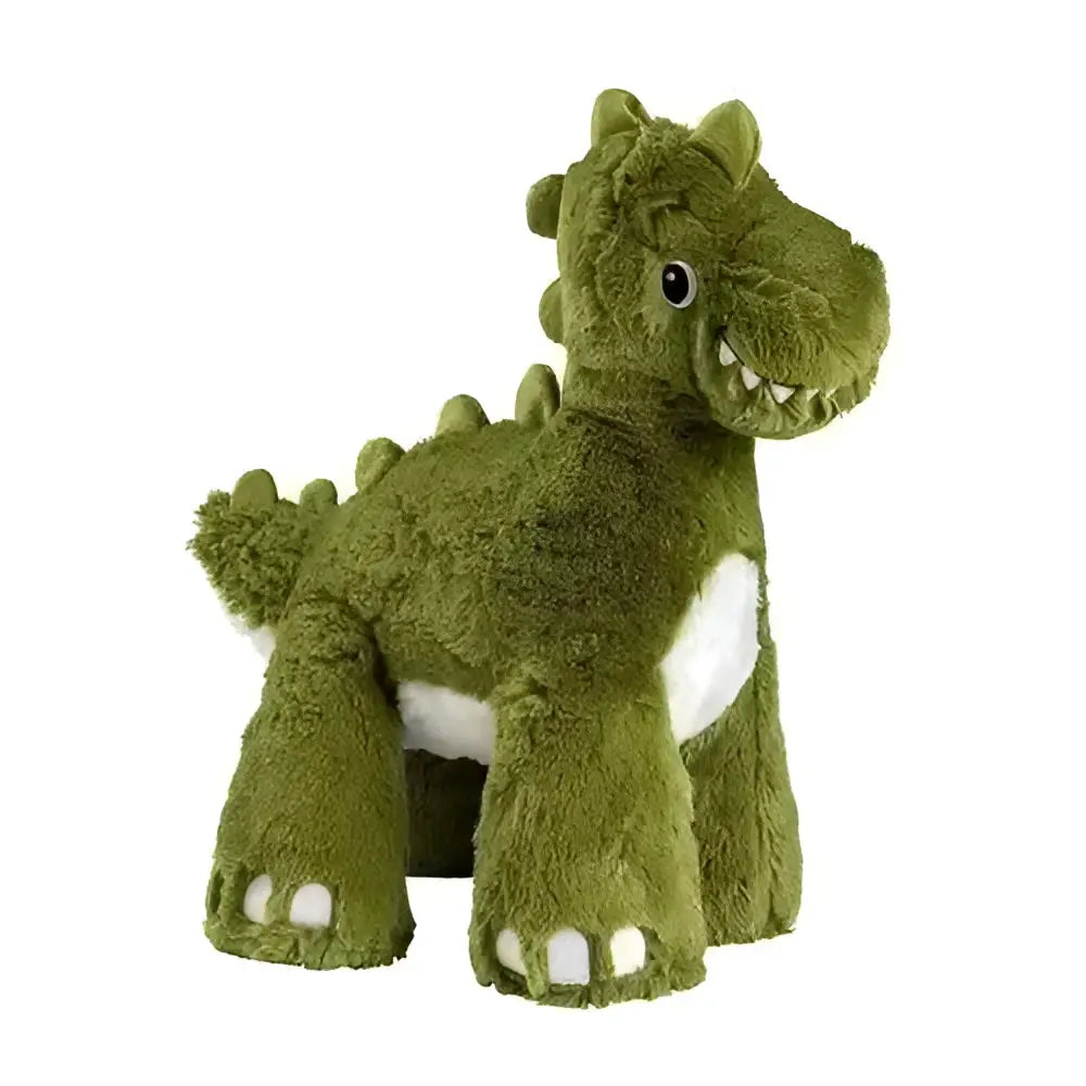 A plush green dinosaur big paws toy with white belly and feet, friendly face, and spiky back from house of paws