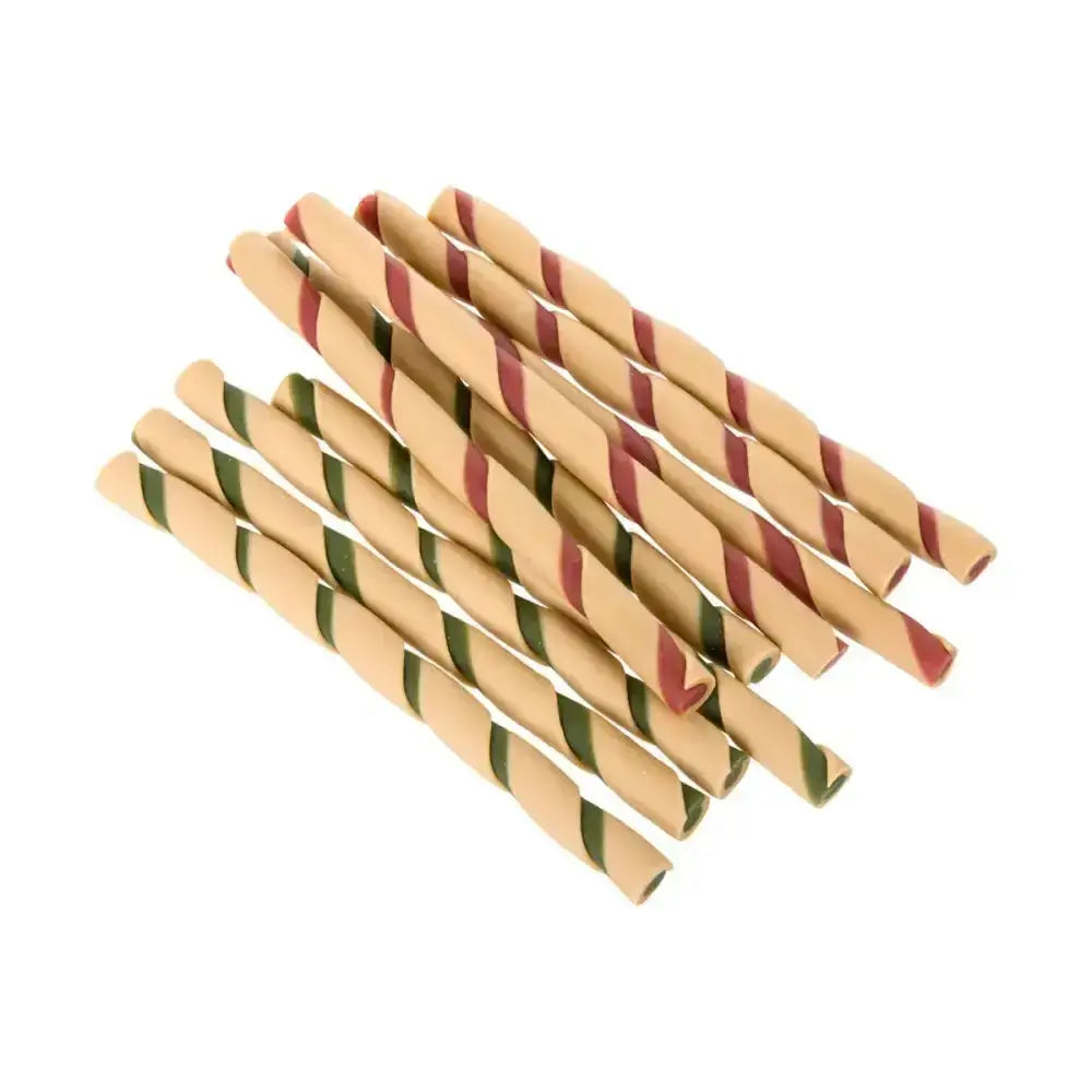 Twist-shaped paws christmas chew wafer sticks with red and green stripes made of thin crispy pastry rawhide chew