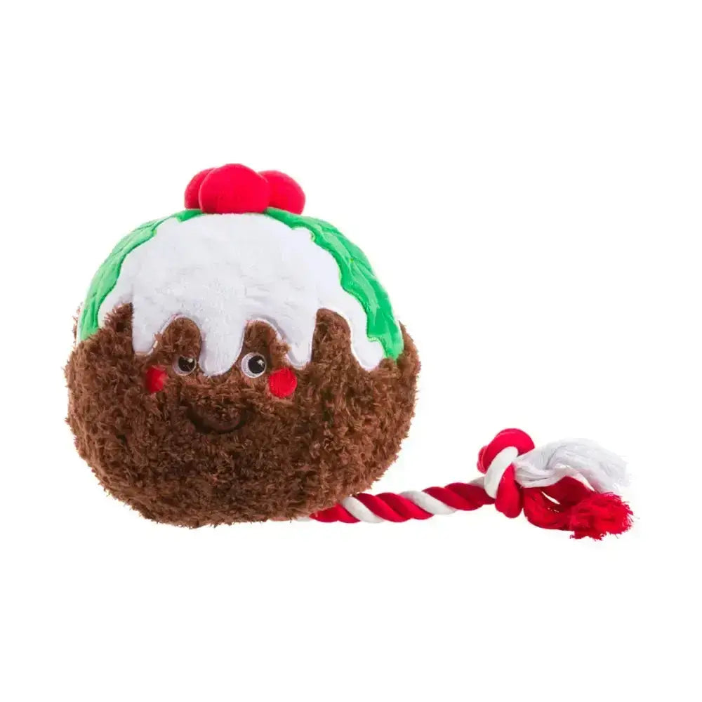 House of Paws christmas rope toy plush christmas pudding dog toy with brown green white fabric and red white rope tail