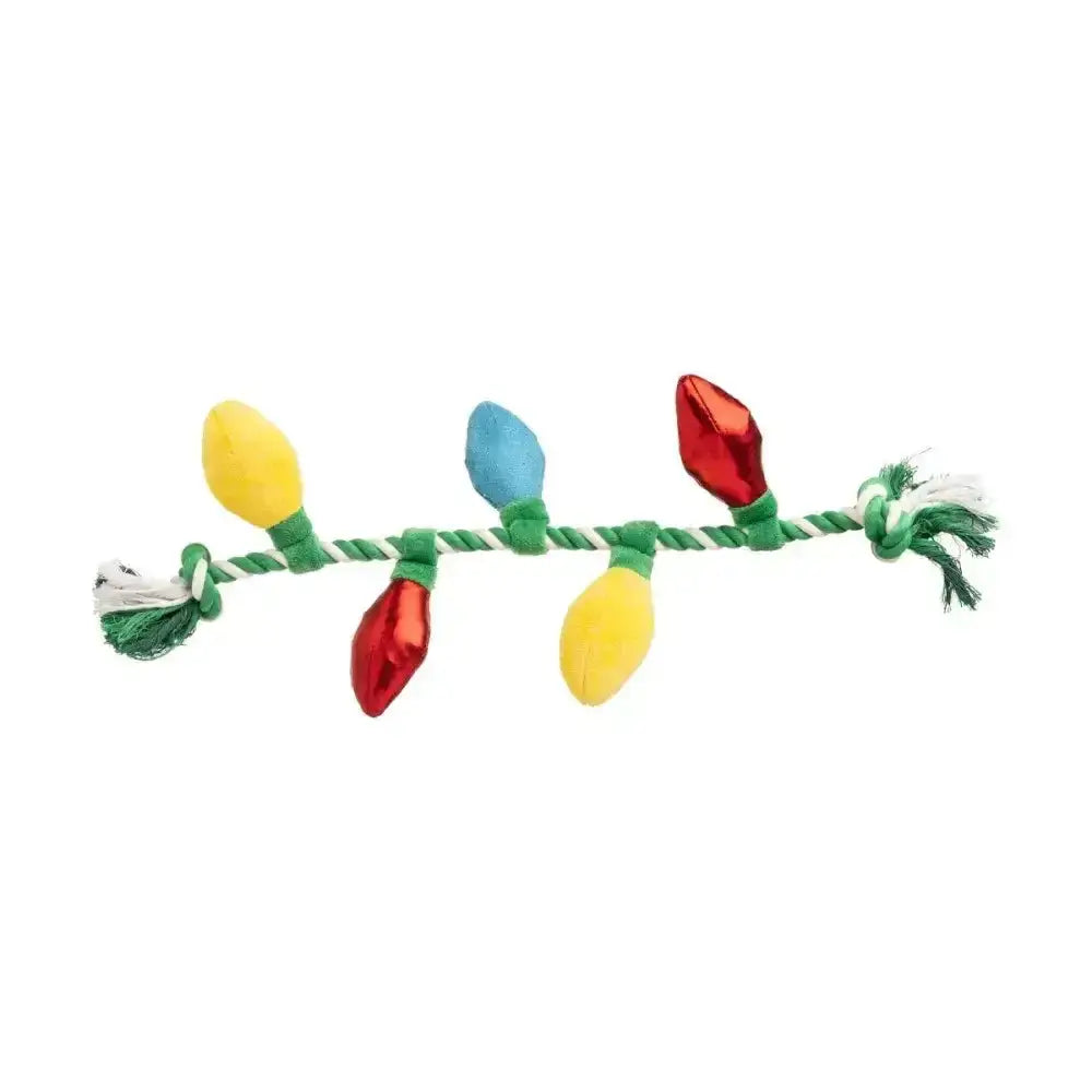 House of paws christmas rope toy with green and white rope and plush yellow red and blue bulb charms for festive play