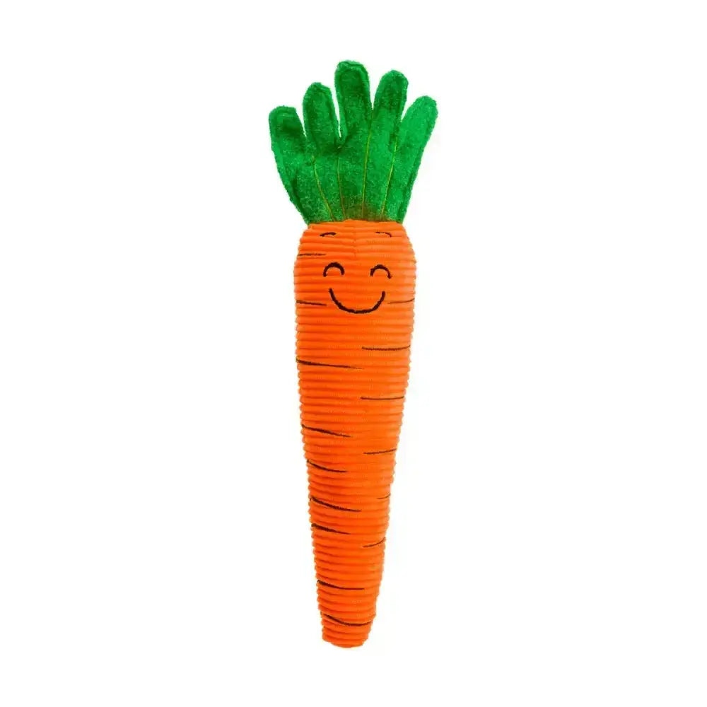 Orange plush christmas carrot toy with green top and smiling face from house of paws paws christmas toy collection