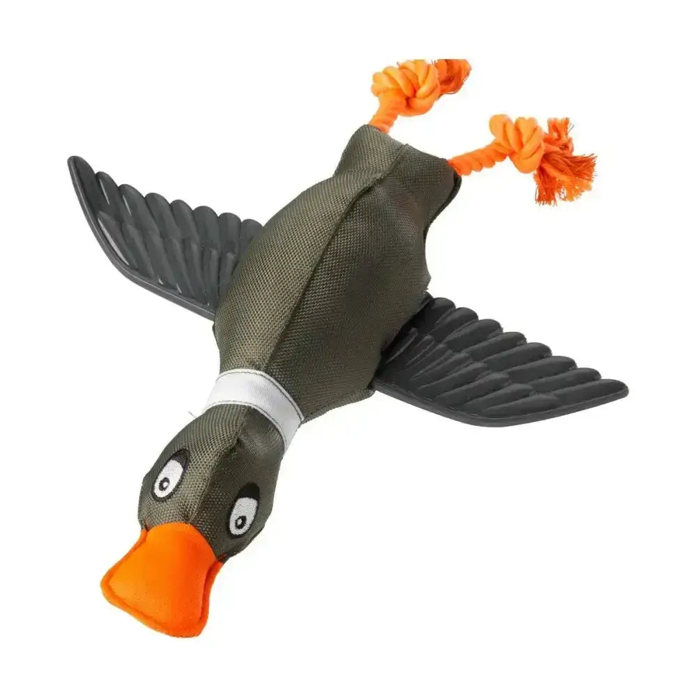 Olive green fabric paws duck thrower with black plastic wings and orange knotted feet and beak dog toy
