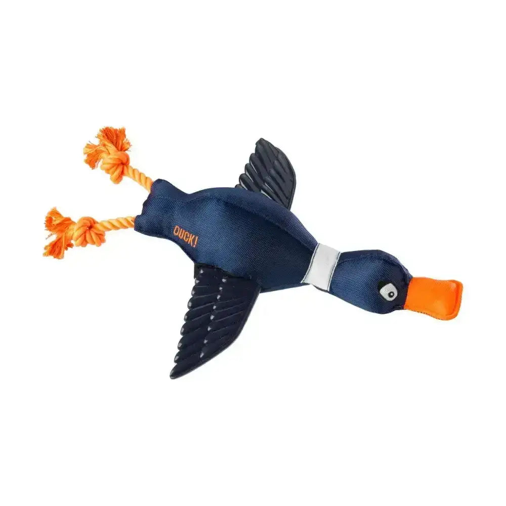 Navy blue plush paws duck thrower dog toy with orange beak rope feet and black wings with white stitching details