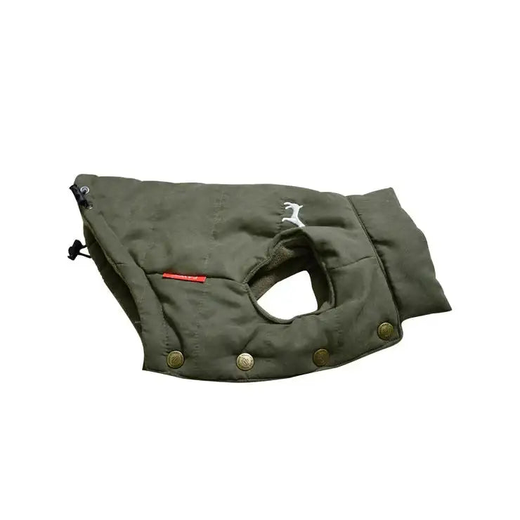 Olive green fleece lined gilet with brass buttons and white embroidered logo for a warm lined dog gilet