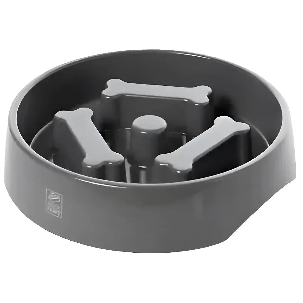 Gray plastic house of paws go slow bone bowl feeder with bone-shaped dividers and central post slow food bowl