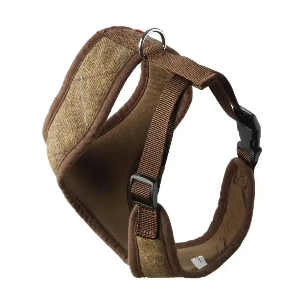 Brown dog memory foam harness by house of paws with herringbone fabric panel and adjustable straps
