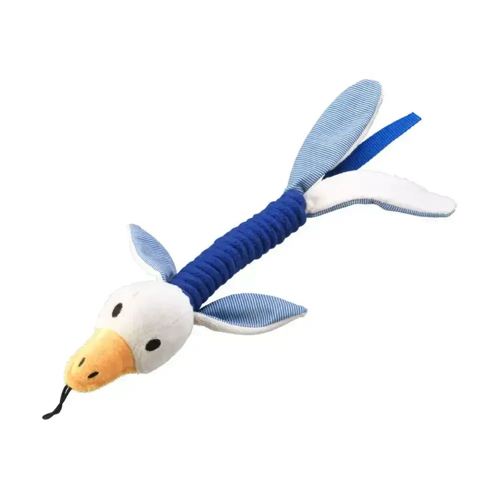 House of paws rope stick plush duck toy in blue and white with textured body and striped wings for fetch fun
