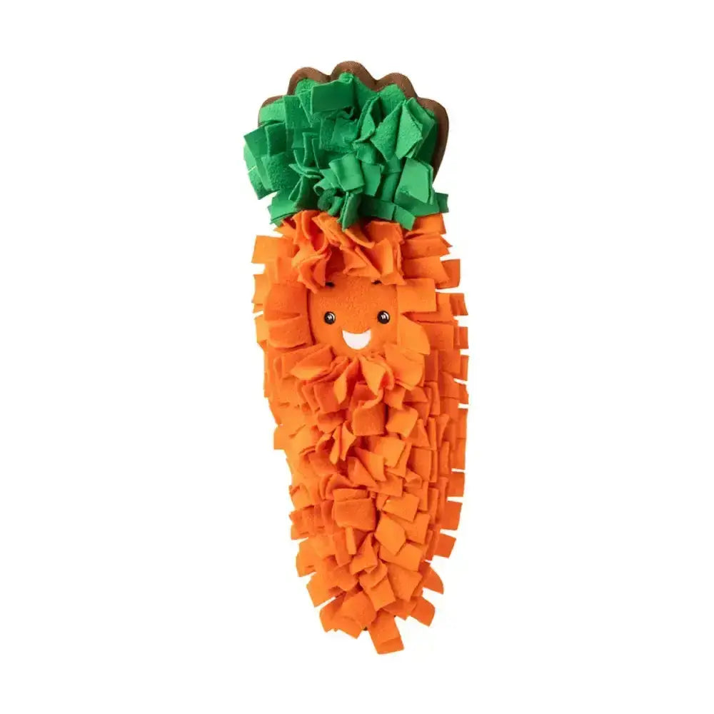 House of paws snuffle toy festive snuffle carrot plush orange fabric carrot toy with green leafy top and smiling face
