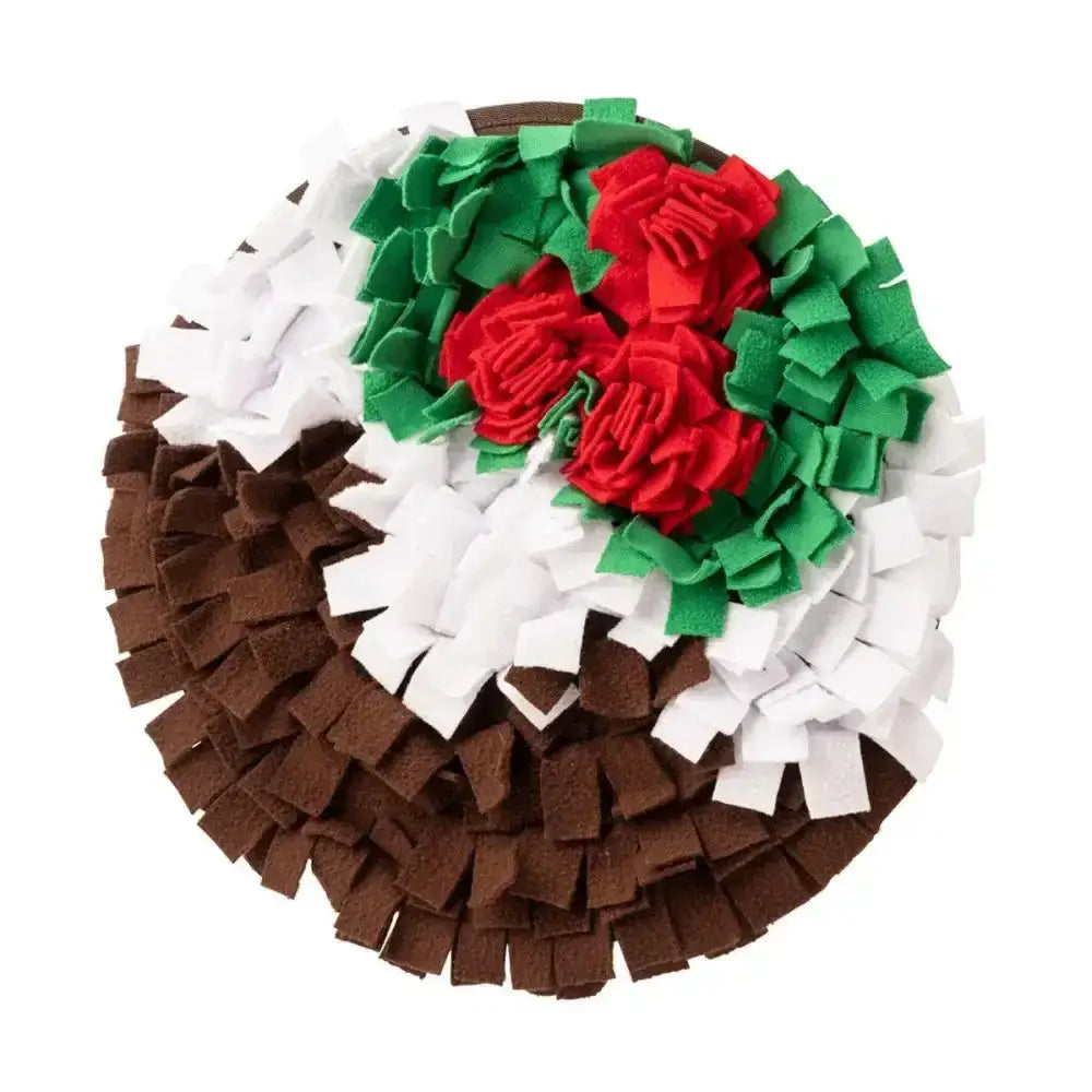 House of paws snuffle toy circular felt dog puzzle shaped like festive christmas pudding with red fabric roses