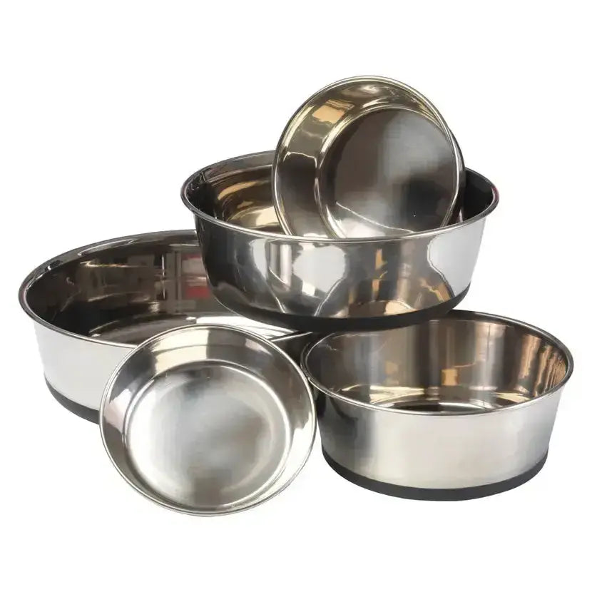 Set of paws stainless steel dog bowls with black rubberized bases and stylish design for pets