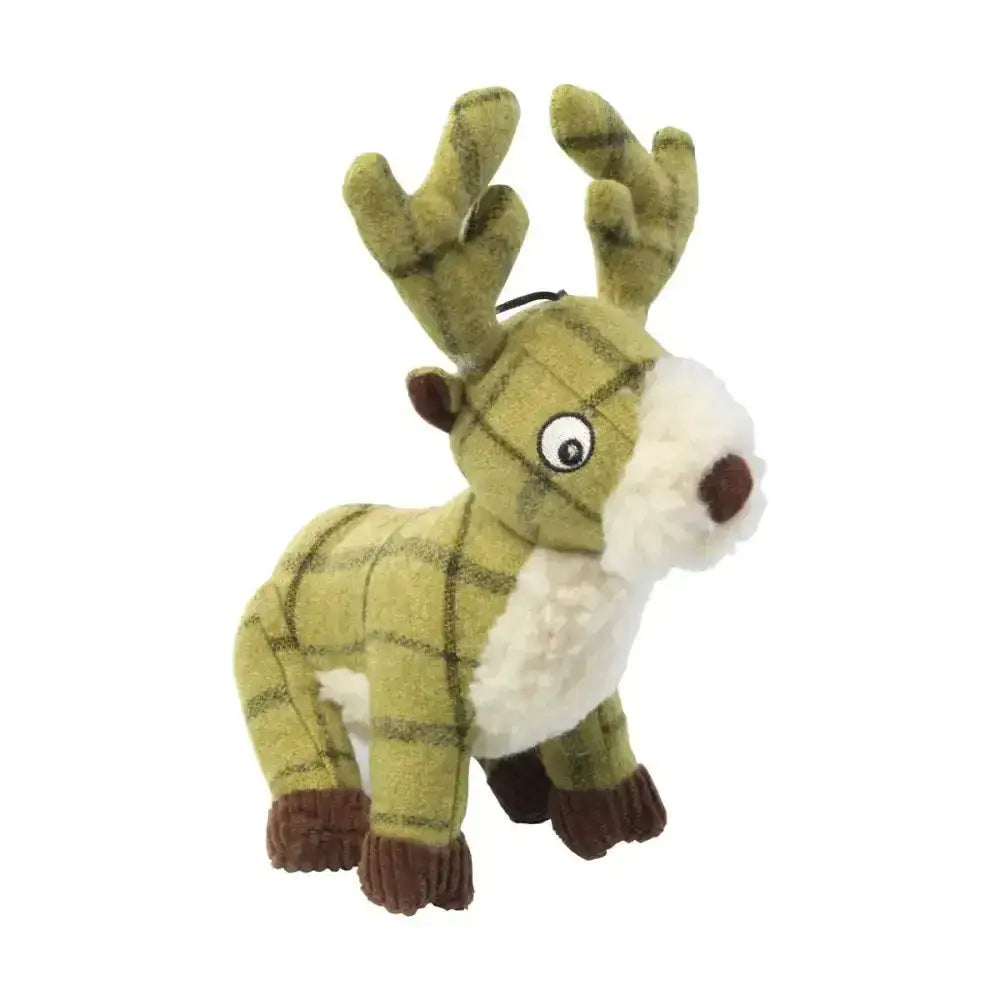 House of paws tweed plush toy reindeer in green brown plaid with white fur face chest and belly soft toy tweed plush