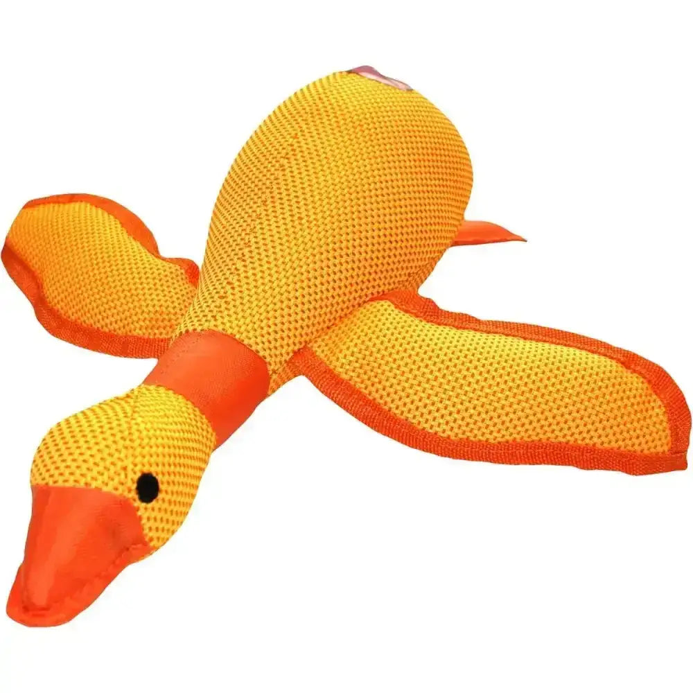 Hp dazzle ducks dog toy featuring a bright yellow and orange mesh duck with a black eye in three bright colours