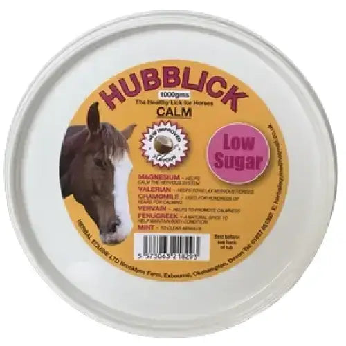 Hubblick calm horse lick low sugar 100g white container with orange label and horse image packed with essential vitamins