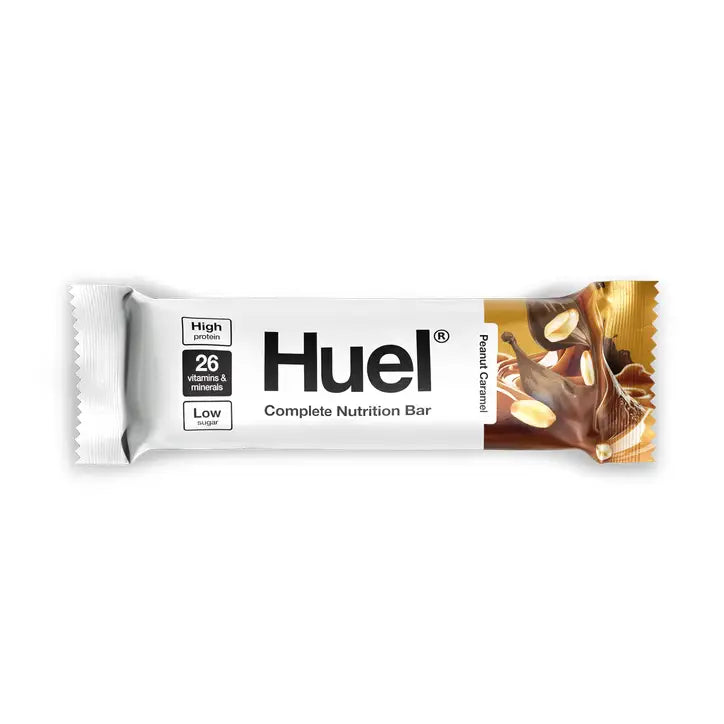 Peanut caramel flavored huel complete nutrition bar in white and gold foil wrapper nutrition bar peanut