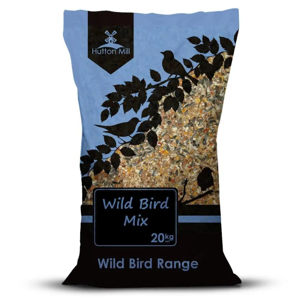 A 20kg bag of hutton mill wild bird mix with blue and black design and bird silhouettes on colorful birdseed background