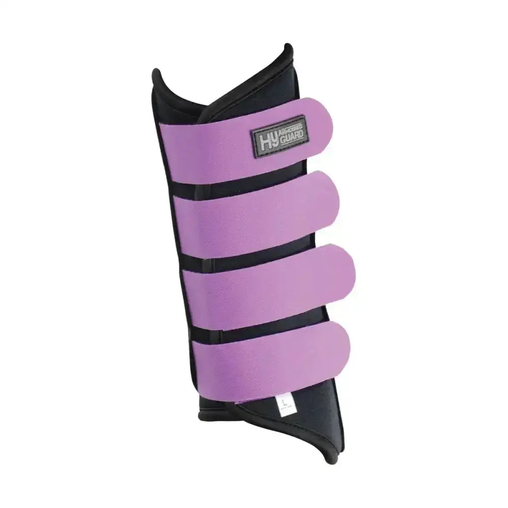Purple and black hy armoured guard neoprene brushing boots with three adjustable straps for superb protective support