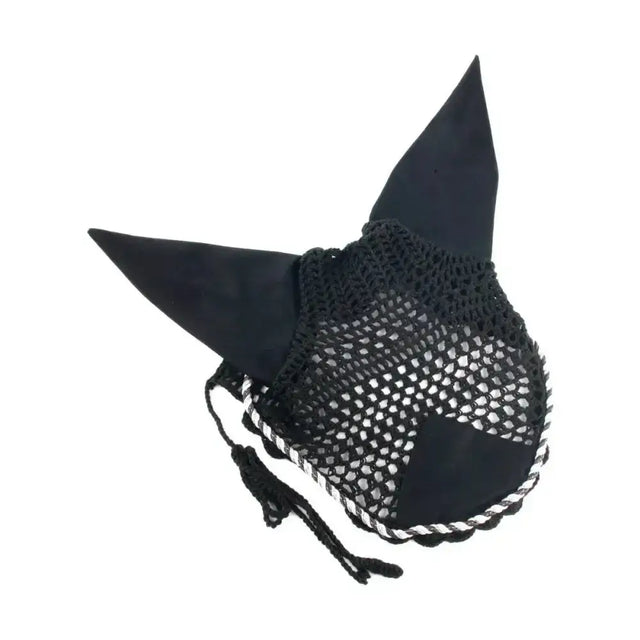 Hy Deluxe Cotton Fly Screen with Cord Binding Black With Black,White & metallic Silver Horse Ear Bonnets