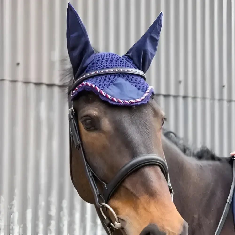 Navy blue deluxe cotton fly horse ear cover with crochet cotton fly design and deluxe cord binding trim in red white and blue