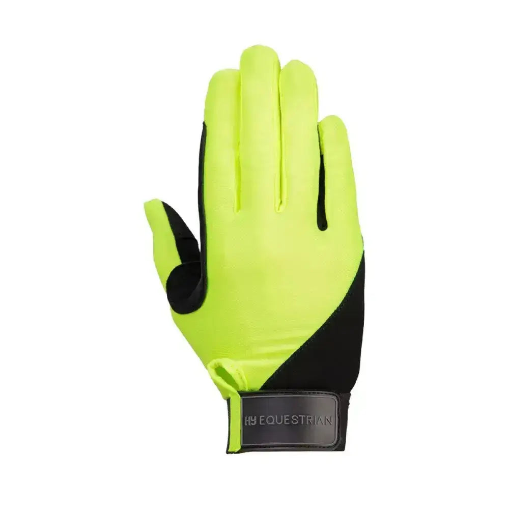 Bright neon green and black hy equestrian absolute fit glove with synthetic suede palm and reinforced forefinger shown from back