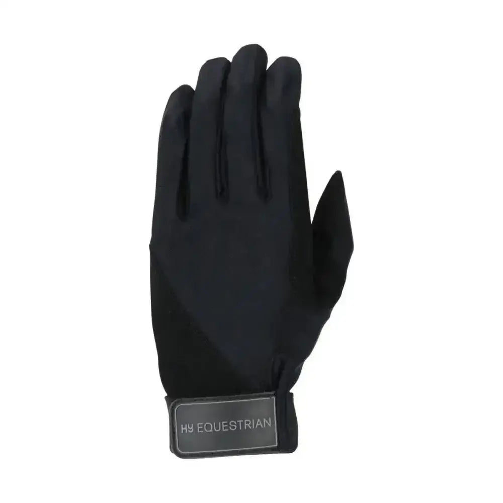 Hy Equestrian Absolute Fit glove in black with sleek fabric back synthetic suede palm and reinforced forefinger details