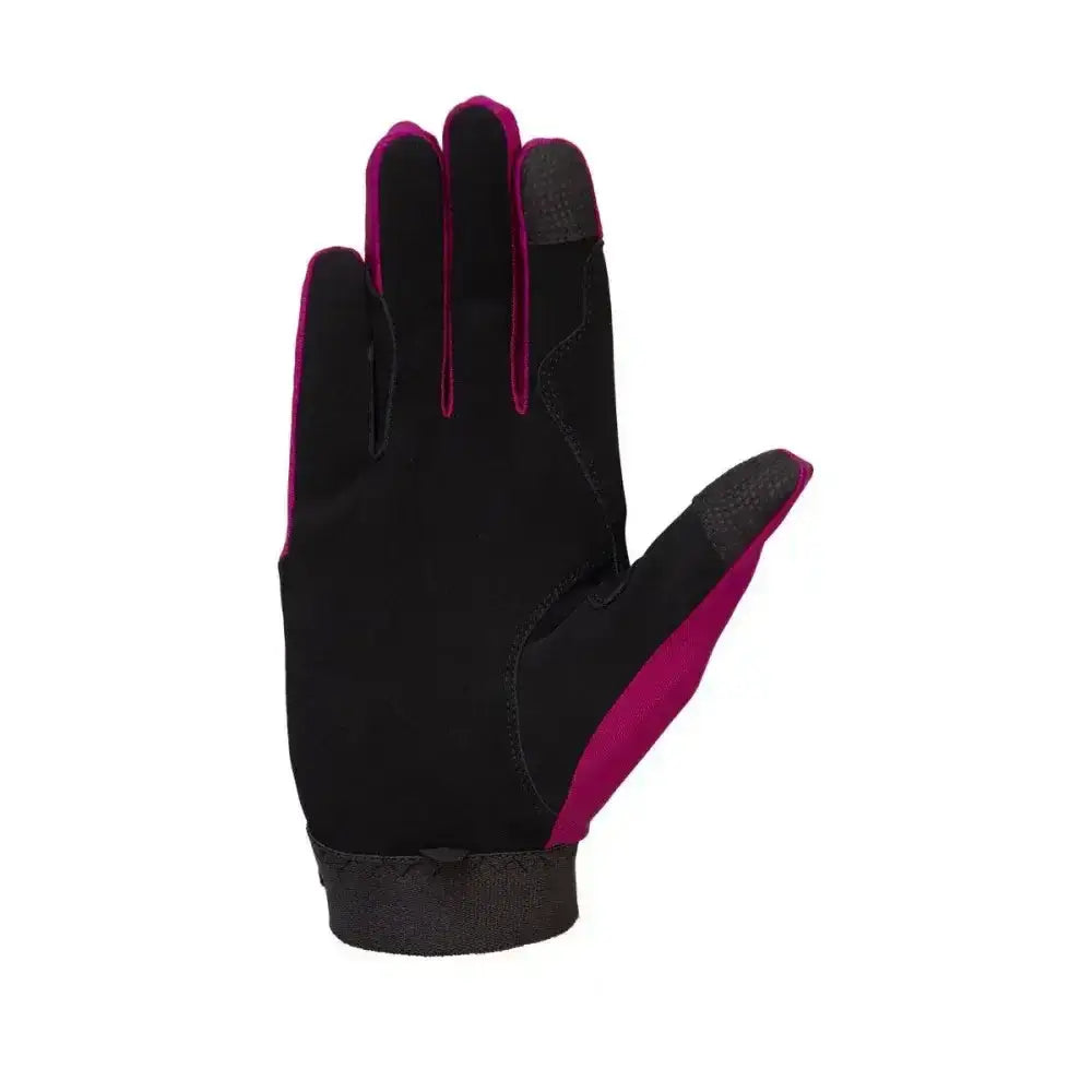 Black and magenta hy equestrian absolute fit glove with synthetic suede palm and reinforced forefinger shown from back side