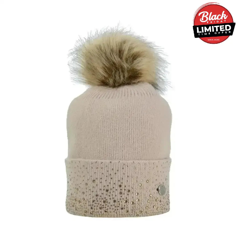 Hy Equestrian Alaska Diamante Bobble Hat Beige/Gold Headwear