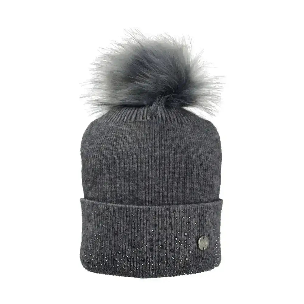 Gray knit hy equestrian alaska diamante bobble hat with fluffy pom-pom and sparkling cuff embellishments