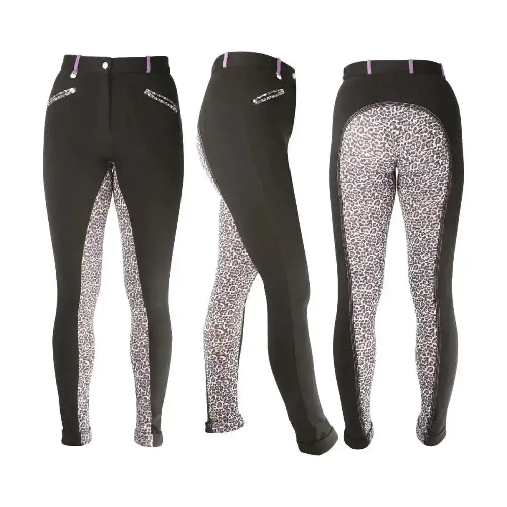 Black HY equestrian alyssa ladies jodhpurs with leopard print panels and purple zipper pulls for comfortable wear