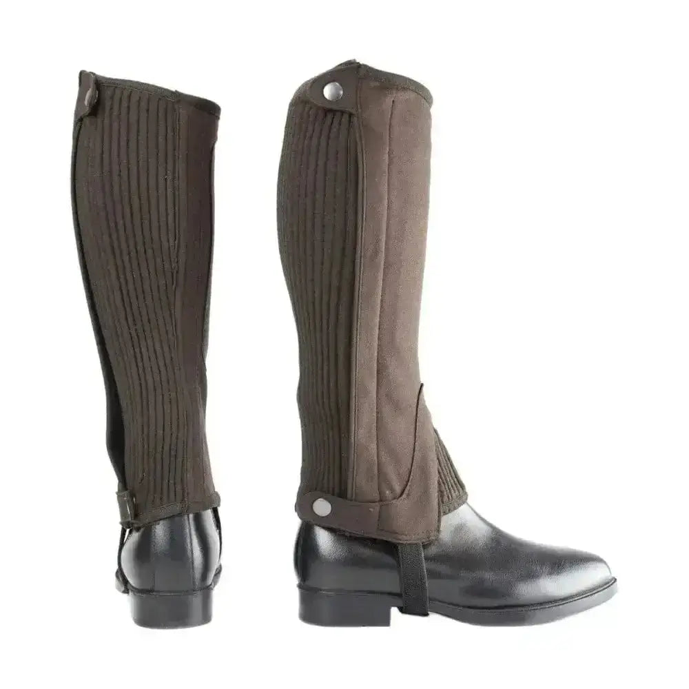 Dark brown hy equestrian amara half chaps for kids with ribbed stretchy amara suede and leather like panel with snap closures