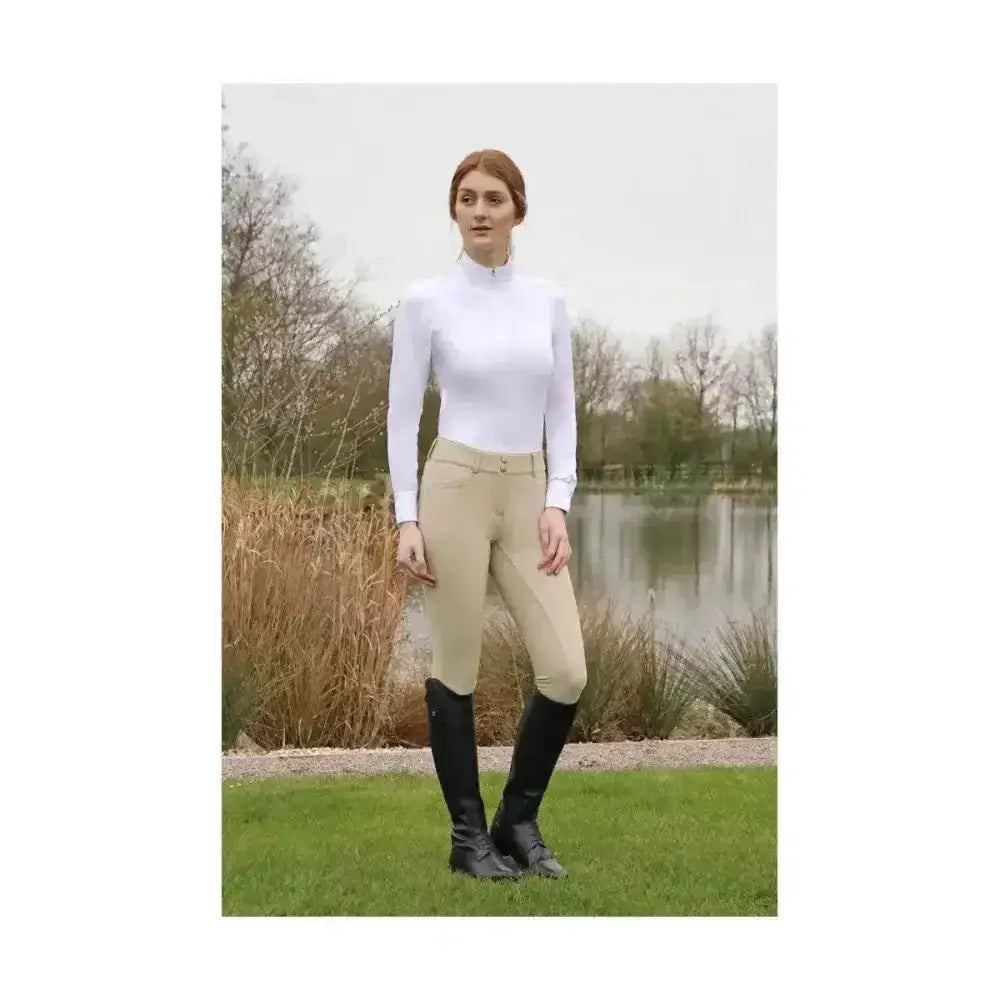 Beige hy equestrian arctic polar softshell breeches with fitted design and visible belt loops water repellent breeches