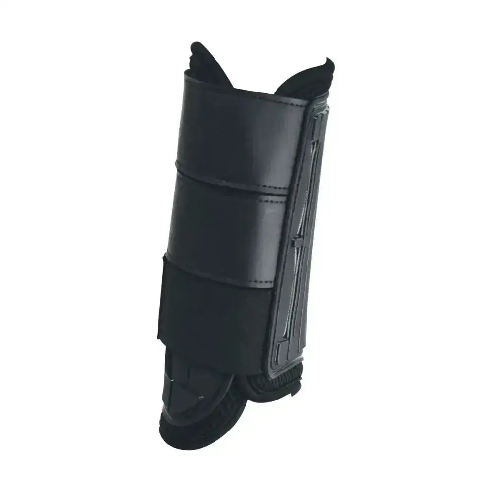 Black leather Hy Equestrian armoured guard event front boots with reinforced panels and adjustable straps