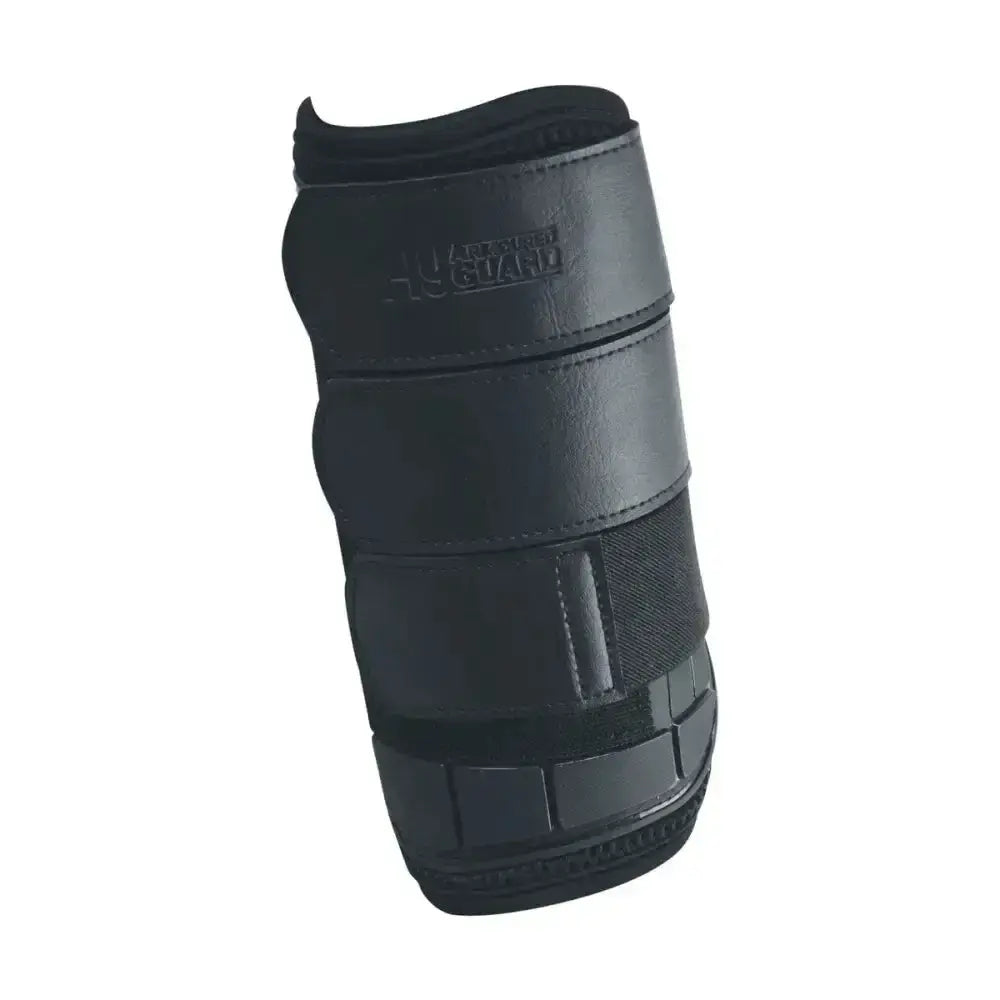 Black leather equestrian armoured guard event front boots with reinforced padding and adjustable straps for performance