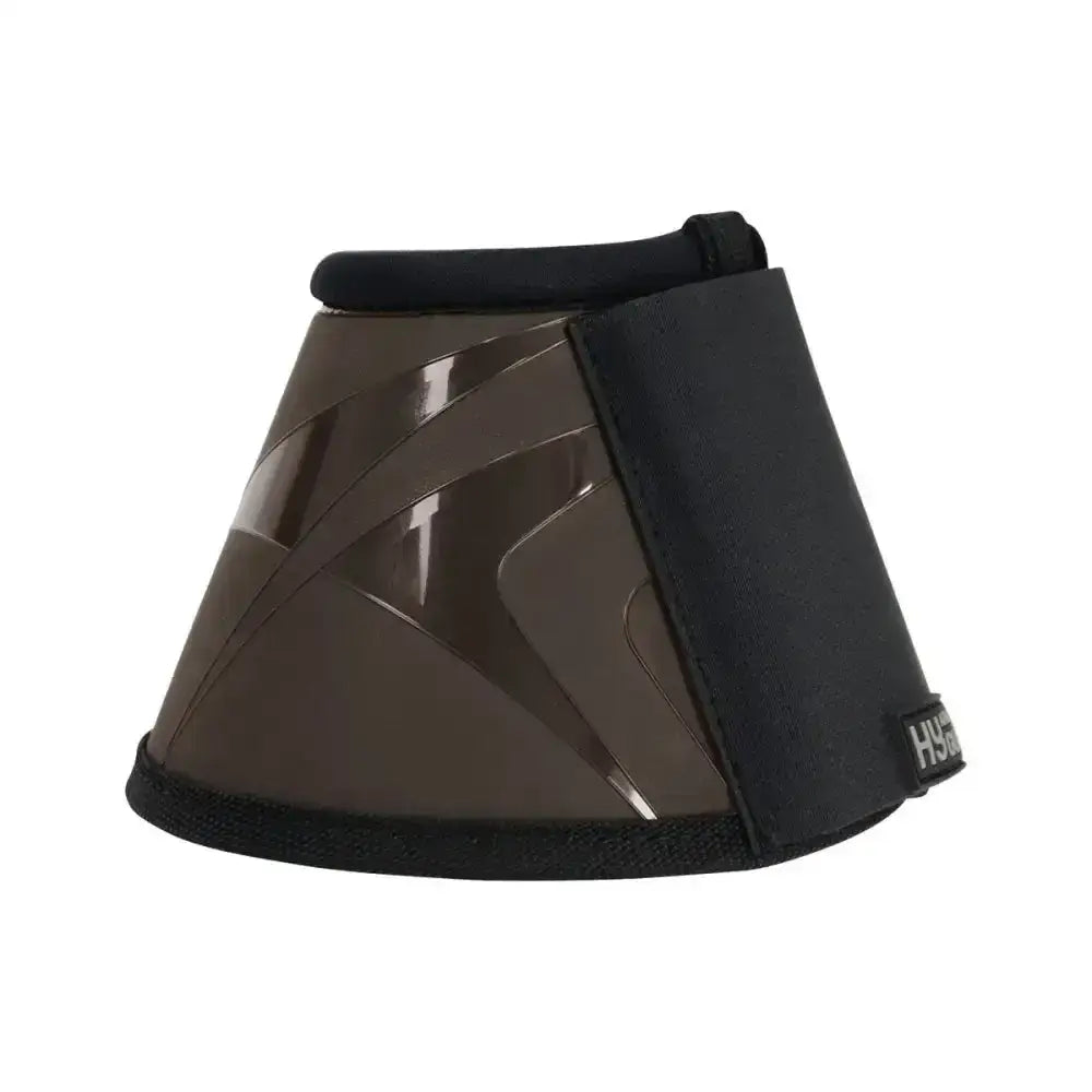 Dark brown glossy plastic hy equestrian armoured guard pro horse hoof boot with black padding and hys tag, extremely durable boots