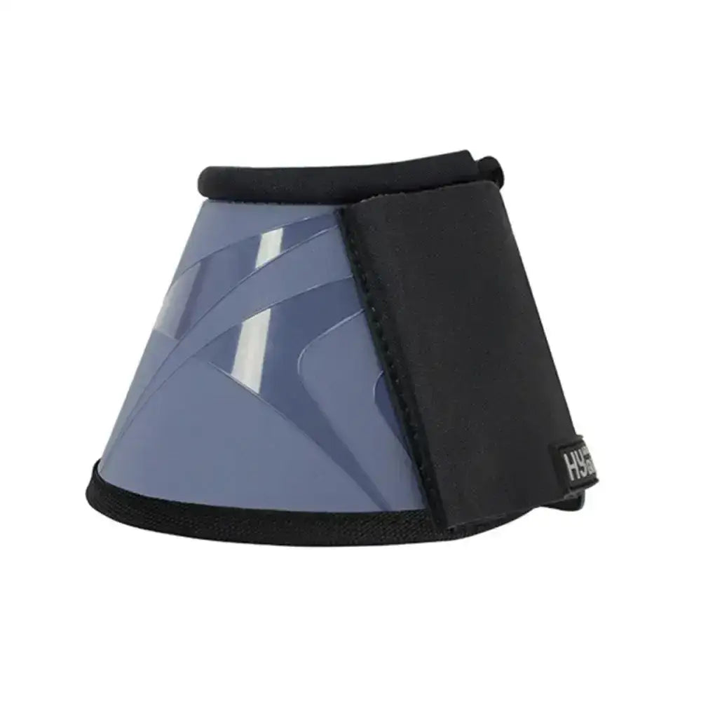 A sleek translucent blue hy equestrian armoured guard pro over reach boot with black trim and white geometric pattern
