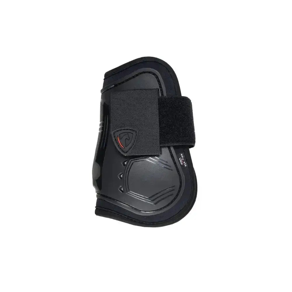 Black hy equestrian armoured guard pro reaction fetlock boot with textured strap and subtle red logo detail