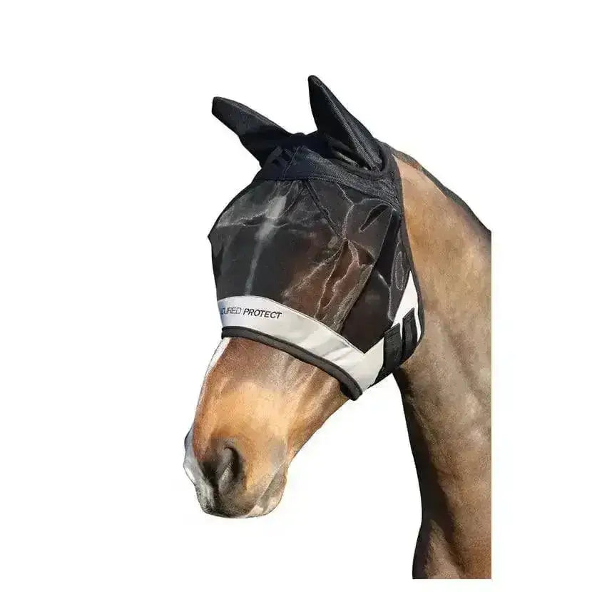 Black mesh equestrian armoured protect half mask with white trim and adjustable straps protects horses face from annoying flying insects
