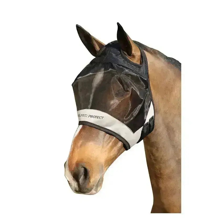 Black mesh hy equestrian armoured protect half mask with white trim and protect branding for fly protection