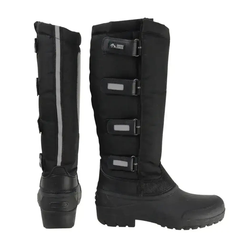 Black waterproof hy equestrian atlantic winter boots with reflective stripes adjustable strap closures and high sided sole