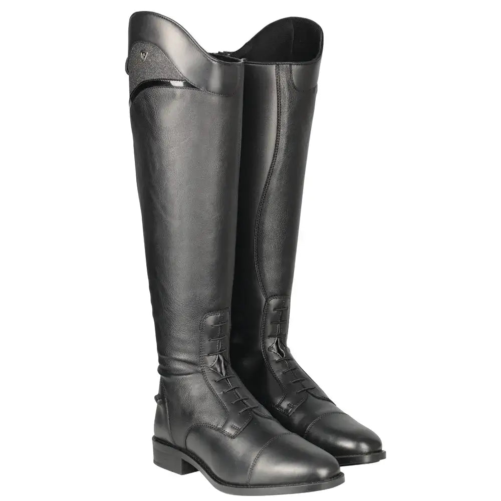 Black leather hy equestrian atrani riding boot with polished finish and subtle stitching details
