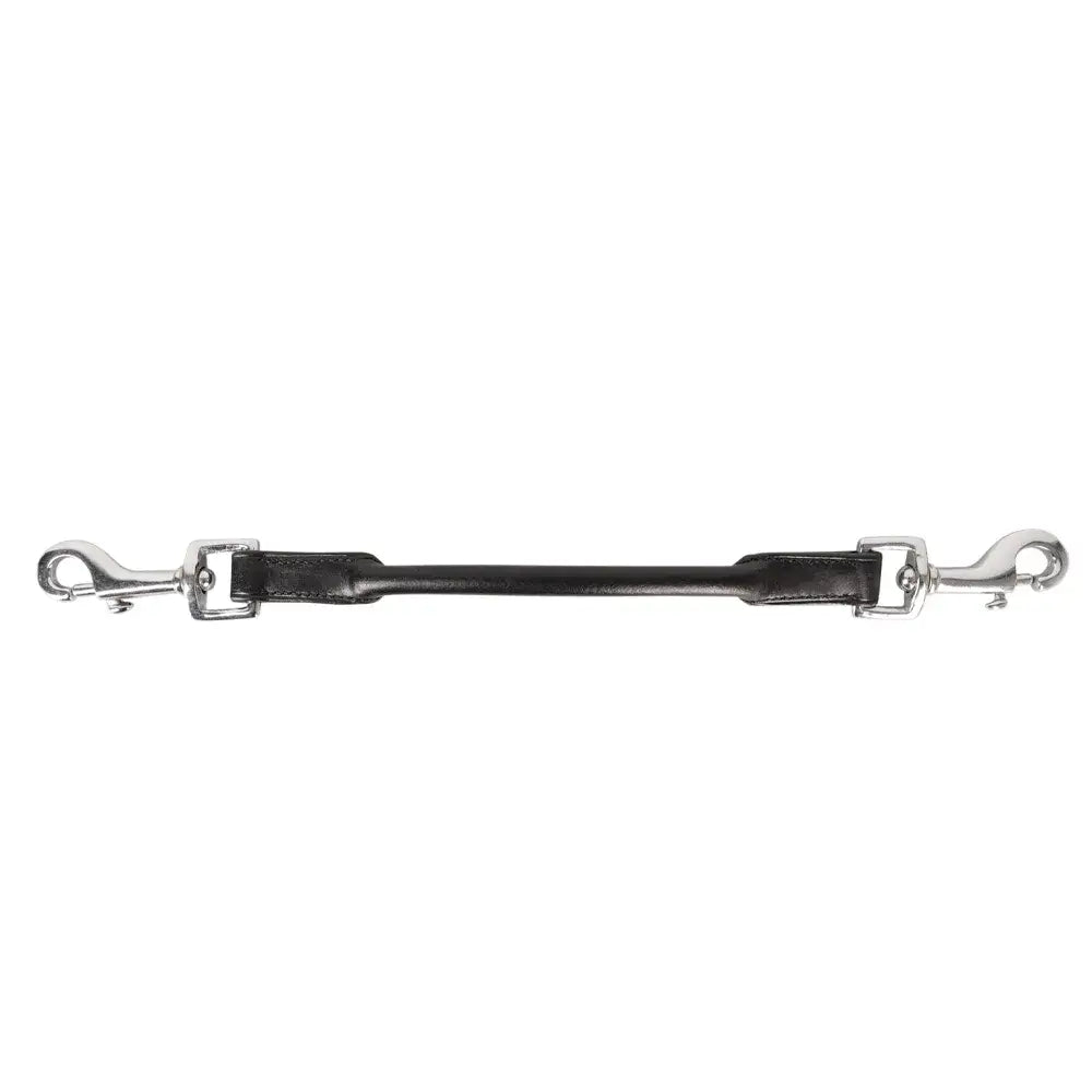 Black leather Hy Equestrian balance strap with rolled leather, silver steel clips, and swivel hooks for horses